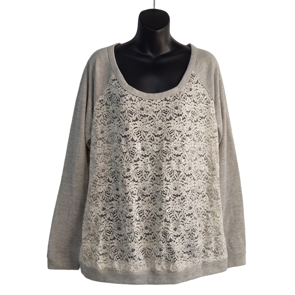 Maurices Women's Gray Cream Lace on Front & Back Sweatshirt Size XL NWT